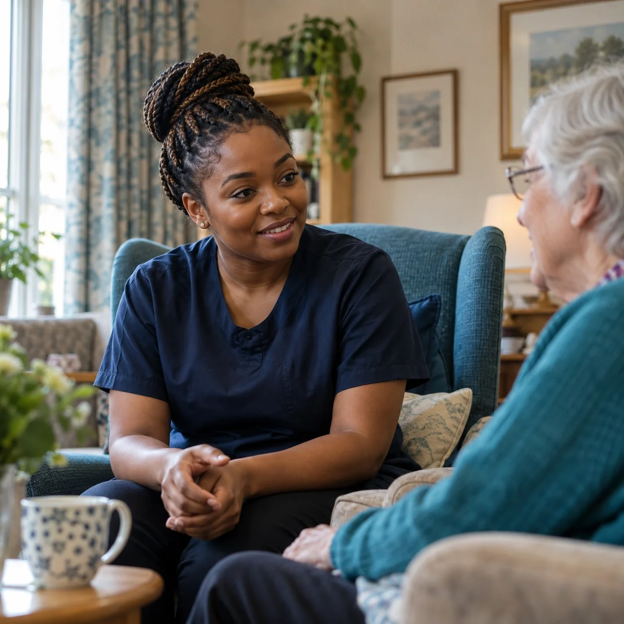 A care worker in navy scrubs chatting with an older resident in a care home lounge