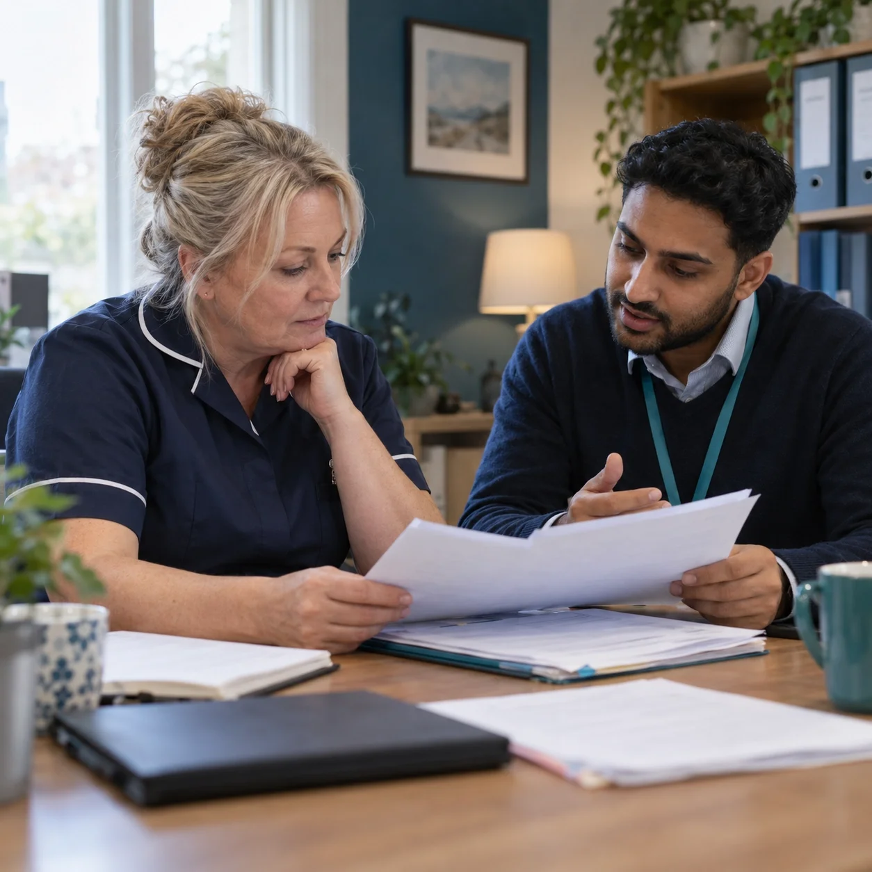 A nurse manager and a Crown Talent consultant reviewing candidate paperwork together
